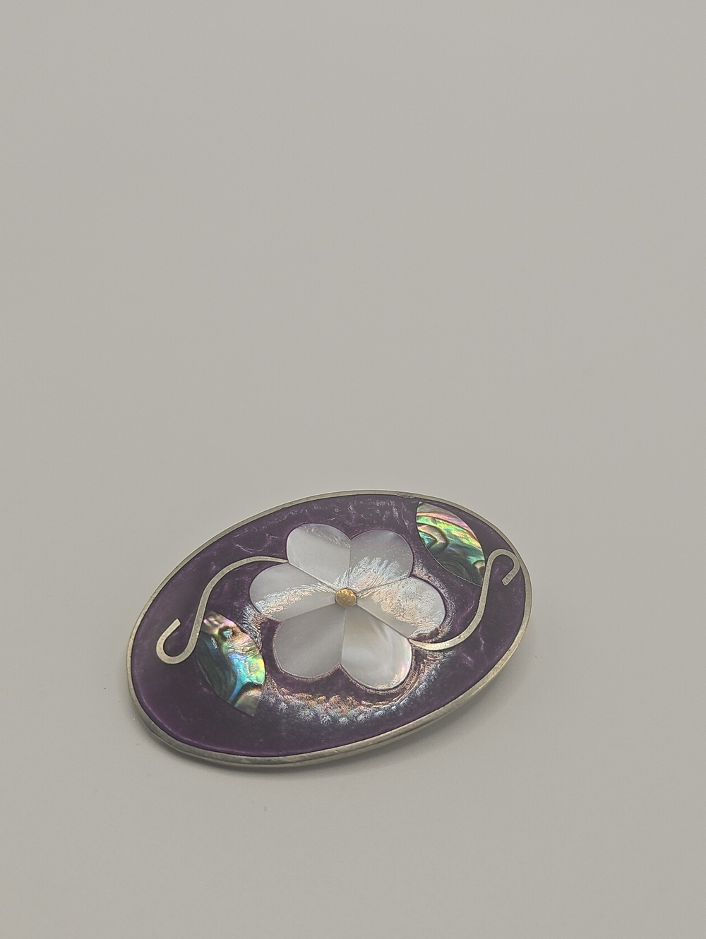 Vintage Alpaca Abolone & Mother of Pearl Floral Oval Silvet Brooch - Purple